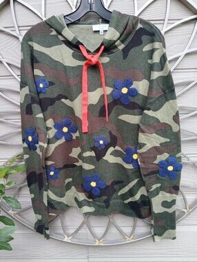 J. Society Camo Floral Hoodie Sweatshirt - Green with Blue Flowers